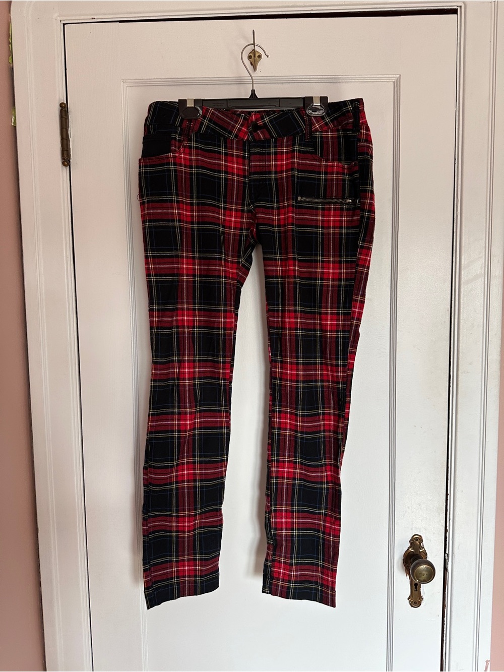 Vintage authentic punk-style Women’s Red Plaid Slim Fit pants; vintage 90s/2000s